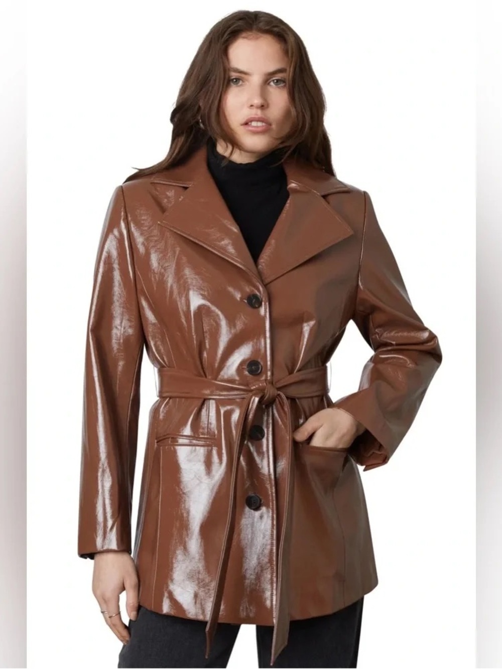 NIA The Brand Faux Patent Leather Belted Blazer Coat - Brown (Size S)